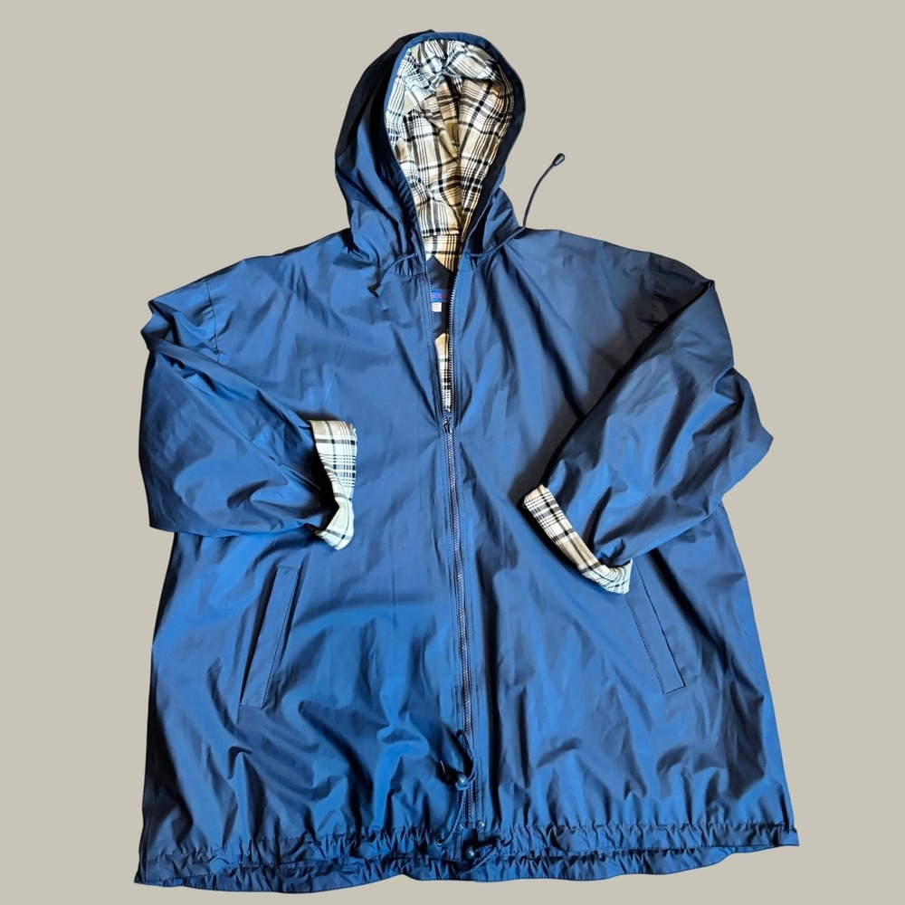 Sailmaker Raincoat 3X Slate Blue PVC Plaid Lined Hooded Full Zip Coastal Jacket